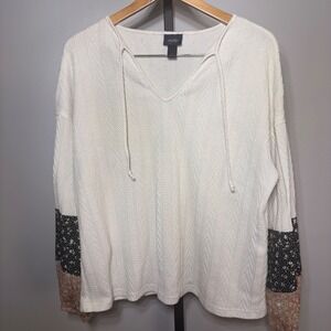 Daytrip Cream Chevron Knit Top Mixed Print Sleeve Boho V-Neck ST3989-D Large